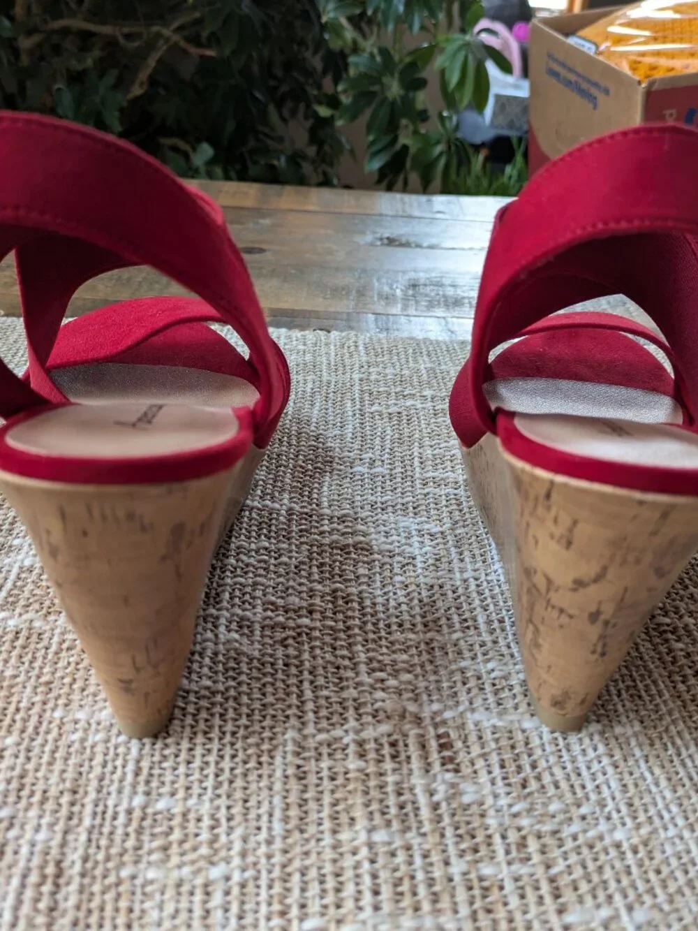 american eagle red elastic strap suede cross front cork wedges #544